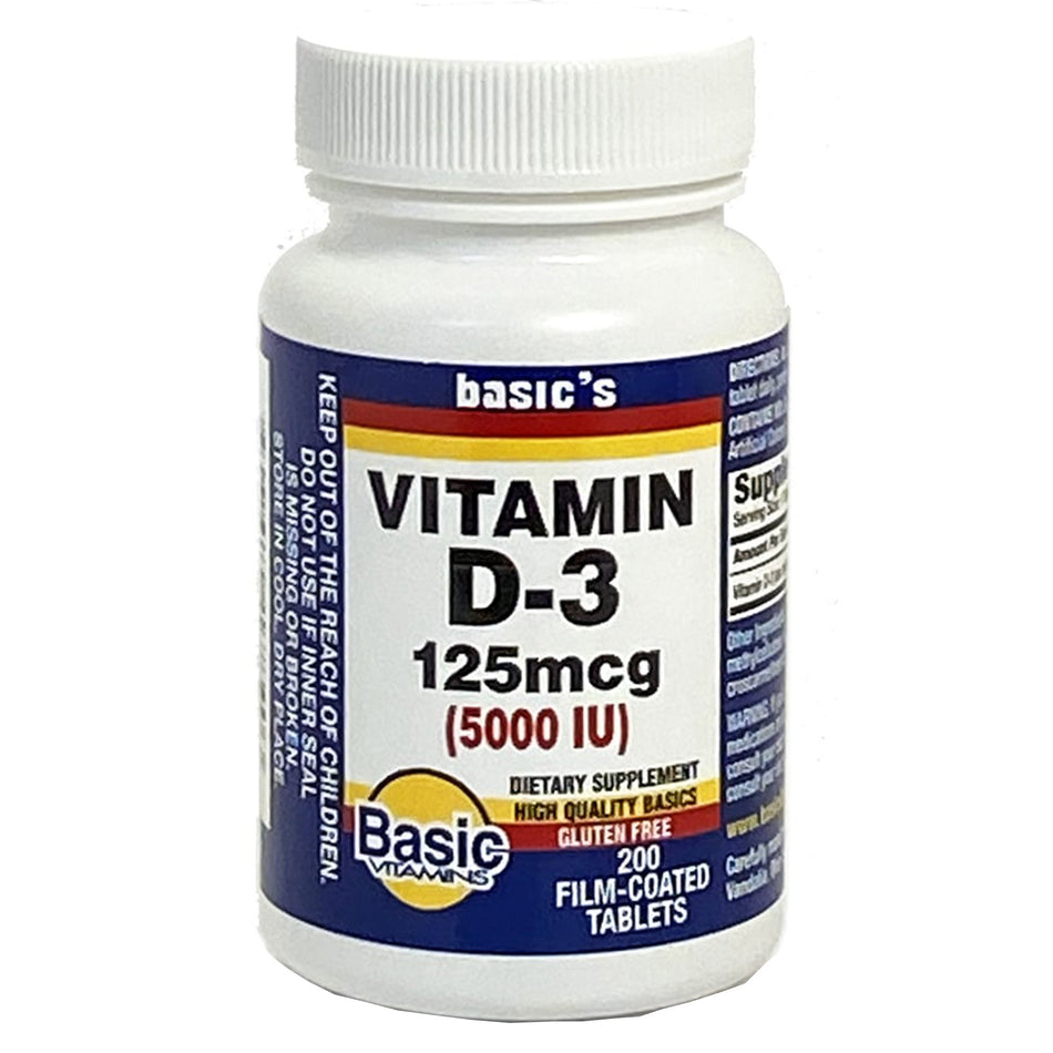 Basic's Vitamin D-3 Vitamin Supplement-"Vitamin Supplement Vitamin D3 5,000 IU Strength Tablet 200 per Bottle"
