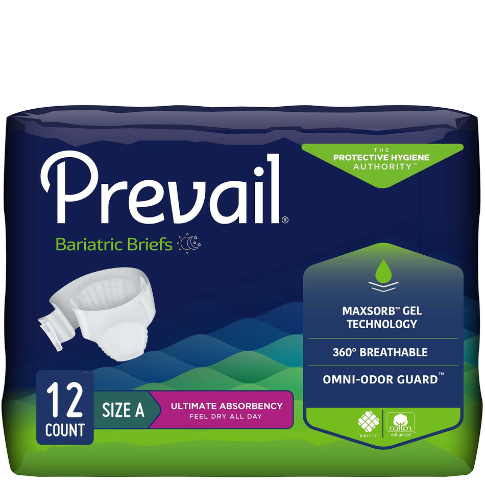 Prevail Bariatric Ultimate Absorbency Incontinence Brief, Size A-Unisex Adult Incontinence Brief Prevail Bariatric Bariatric Size A Disposable Heavy Absorbency
