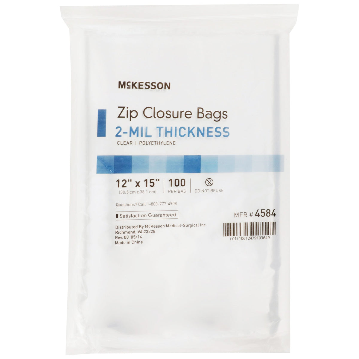 McKesson Zip Closure Bag, 12 X 15 Inches-Reclosable Bag McKesson 12 X 15 Inch Polyethylene Clear Zipper Closure