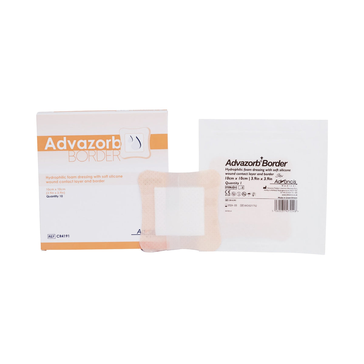 Advazorb Border Silicone Face and Border, 4 x 4 Inch-Foam Dressing Advazorb Border 4 X 4 Inch With Border Waterproof Backing Silicone Face and Border Square Sterile
