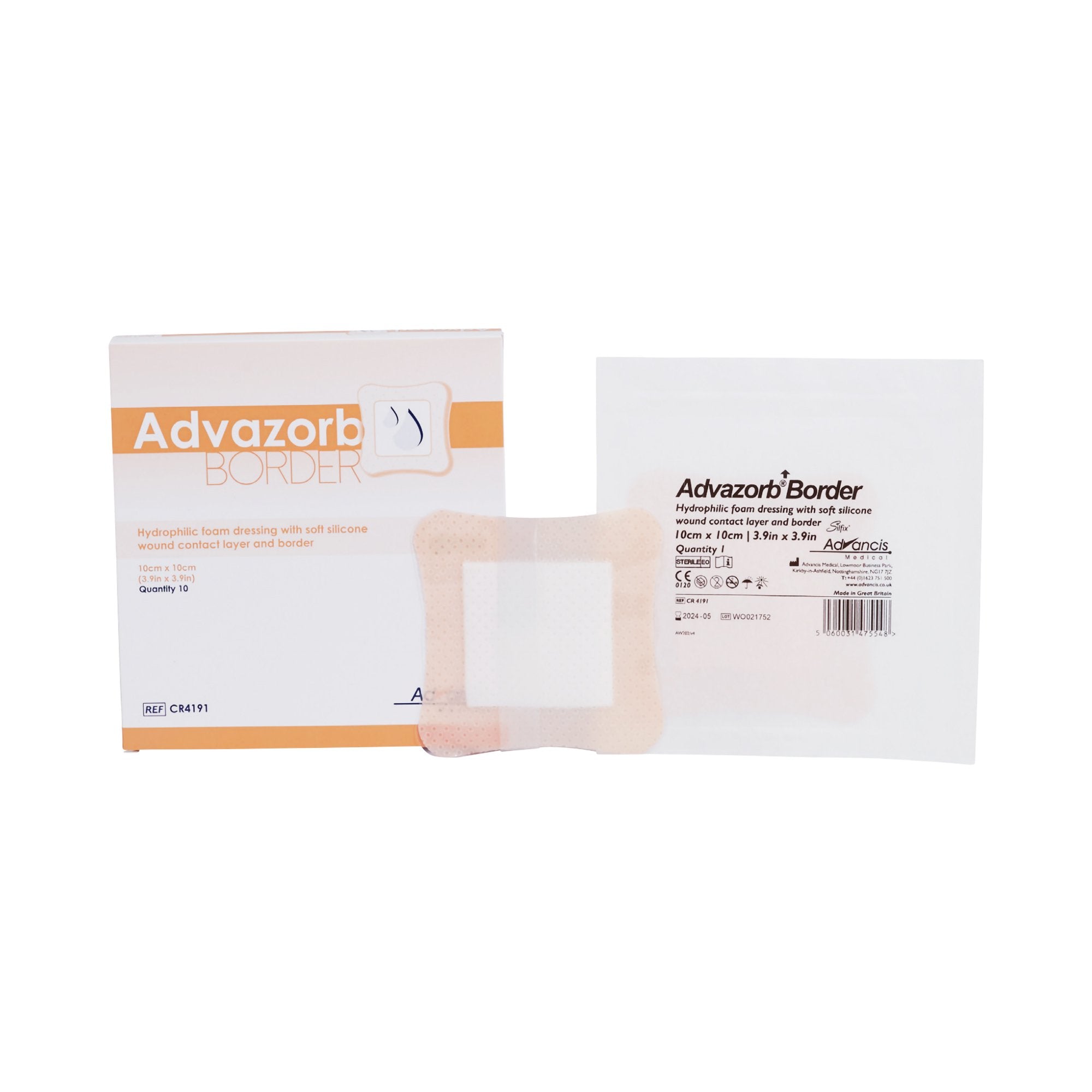 Advazorb Border Silicone Face and Border, 4 x 4 Inch-Foam Dressing Advazorb Border 4 X 4 Inch With Border Waterproof Backing Silicone Face and Border Square Sterile