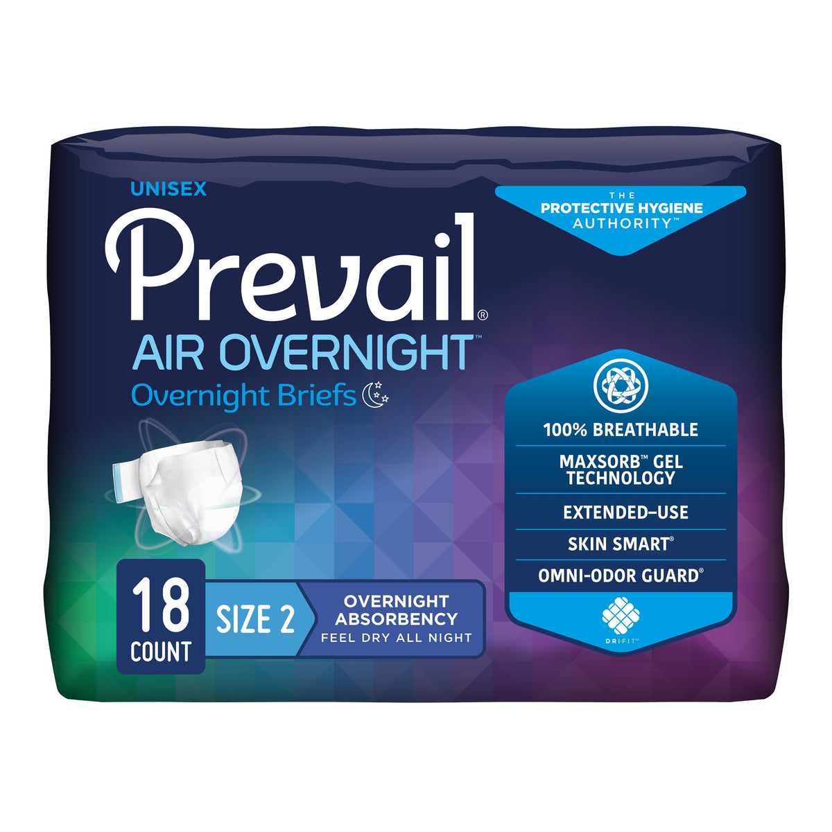 Prevail Air Overnight Briefs Overnight Absorbency, Size 2-Unisex Adult Incontinence Brief Prevail Air Overnight Size 2 / Large Disposable Heavy Absorbency