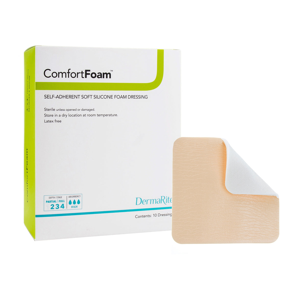 ComfortFoam Silicone Adhesive without Border Silicone Foam Dressing, 3 x 3 Inch-Foam Dressing ComfortFoam 3 X 3 Inch Without Border Film Backing Silicone Face Square Sterile