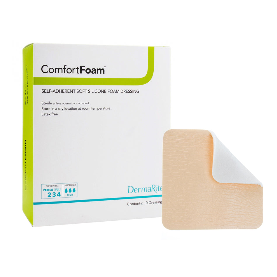 ComfortFoam Silicone Adhesive without Border Silicone Foam Dressing, 3 x 3 Inch-Foam Dressing ComfortFoam 3 X 3 Inch Without Border Film Backing Silicone Face Square Sterile