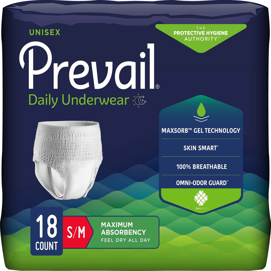Prevail Maximum Absorbent Underwear, Small / Medium-Unisex Adult Absorbent Underwear Prevail Daily Underwear Maximum Pull On with Tear Away Seams Small / Medium Disposable Heavy Absorbency