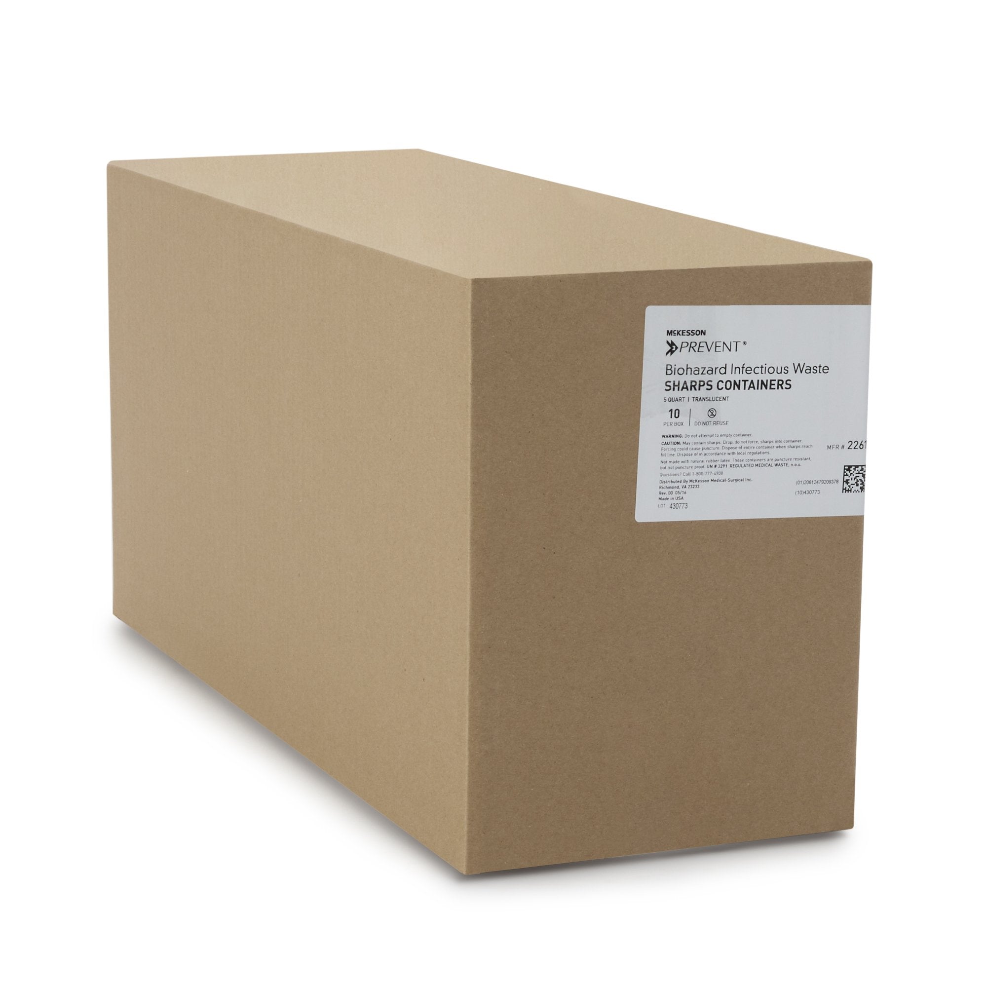McKesson Prevent Sharps Container, 1-1/4 Gallon, 10-3/4 x 10-1/2 x 4-3/4 Inch-Sharps Container McKesson Prevent Translucent Base 10-3/4 H X 10-1/2 W X 4-3/4 D Inch Horizontal Entry 1.25 Gallon