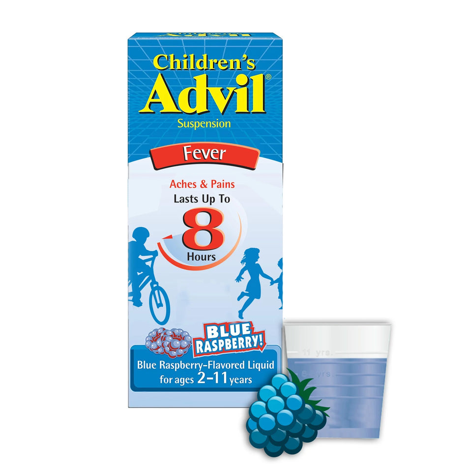 Children's Advil Ibuprofen Children's Pain Relief, Blue Raspberry flavor-Children's Pain Relief Advil 100 mg / 5 mL Strength Ibuprofen Oral Suspension 4 oz.