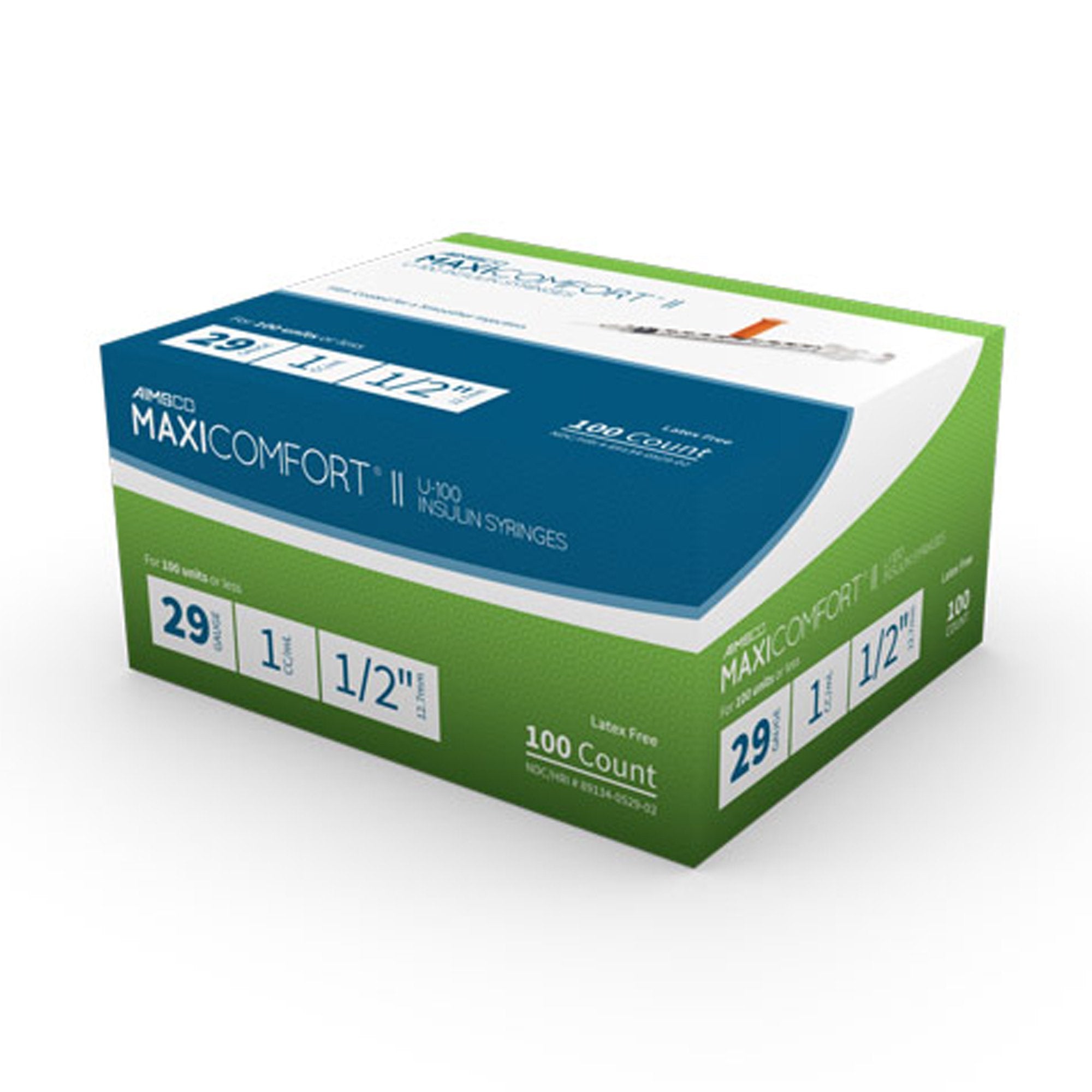 MaxiComfort II Standard Insulin 1 mL Syringe with Needle, 29 Gauge, 1/2 Inch Length-Standard Insulin Syringe with Needle AIMSCO 1 mL 1/2 Inch 29 Gauge NonSafety Ultra Thin Wall