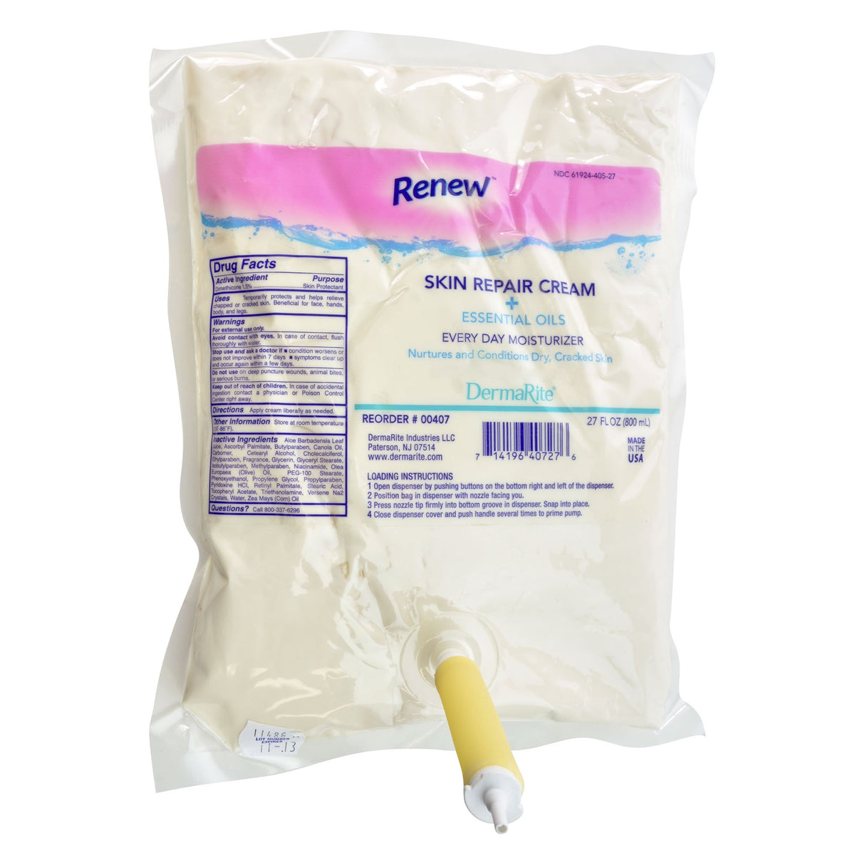 Renew Moisturizer 800 mL Dispenser Refill Bag-Skin Protectant Renew Skin Repair 800 mL Dispenser Refill Bag Scented Cream