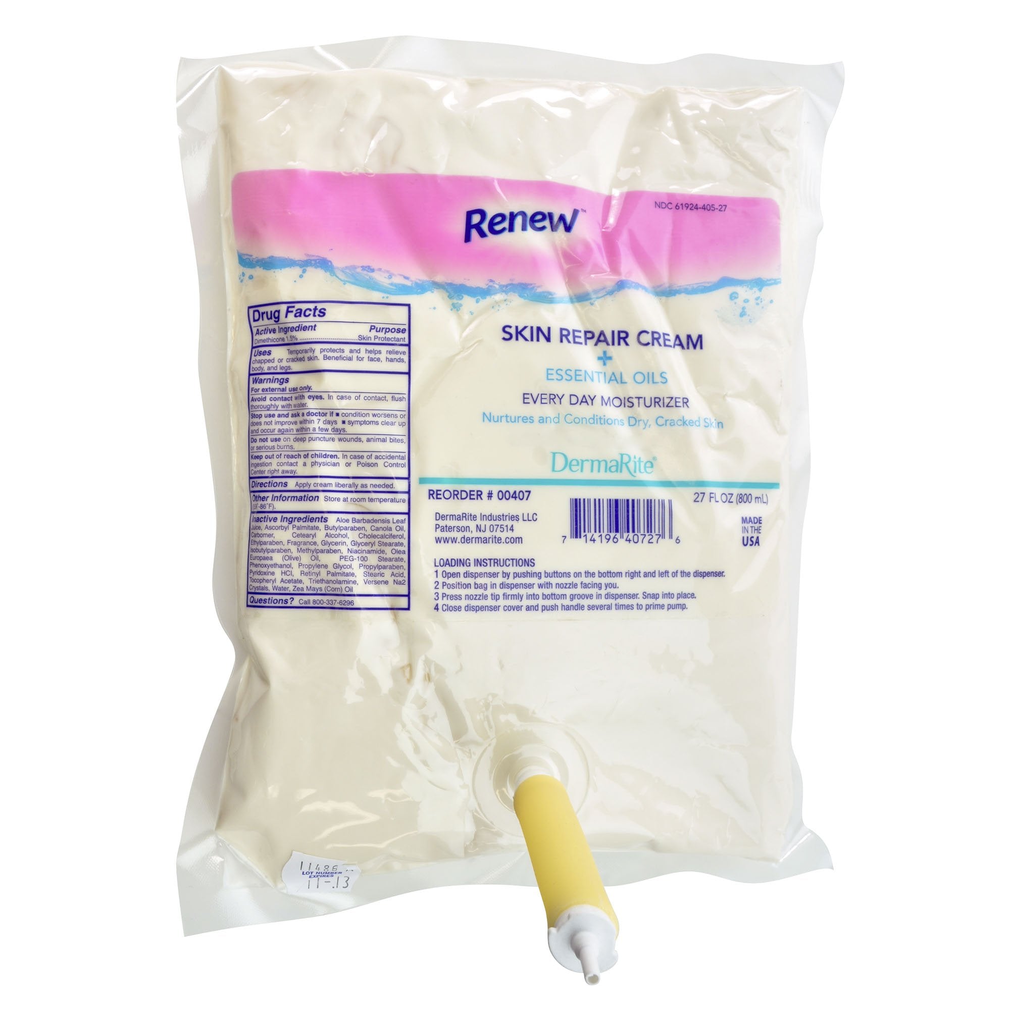 Renew Moisturizer 800 mL Dispenser Refill Bag-Skin Protectant Renew Skin Repair 800 mL Dispenser Refill Bag Scented Cream