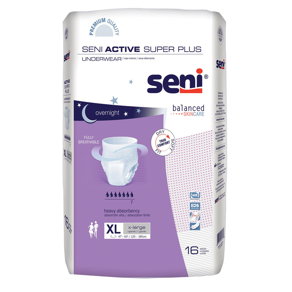 Seni Active Super Plus Overnight Heavy Absorbent Underwear, Extra Large-Unisex Adult Absorbent Underwear Seni Active Super Plus Pull On with Tear Away Seams X-Large Disposable Heavy Absorbency