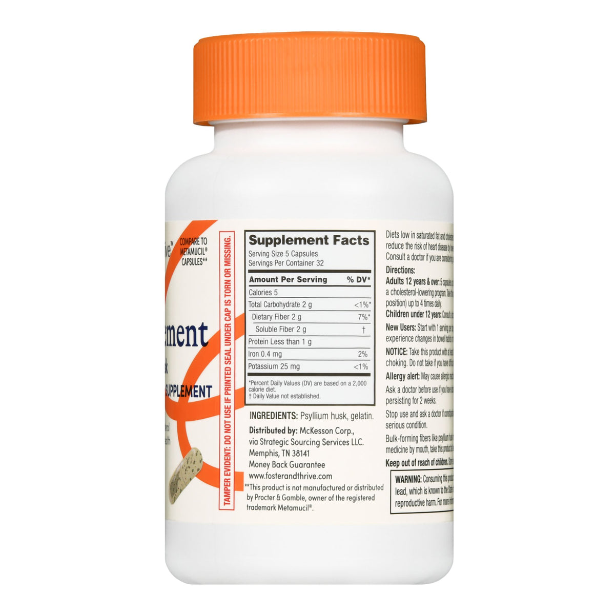 Foster & Thrive Fiber Supplement Psyllium Husk Capsules-Laxative Foster & Thrive Original Flavor Capsule 160 per Bottle 0.52 Gram Strength Psyllium Husk