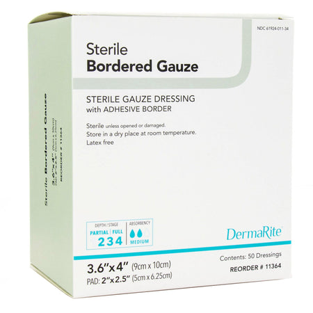 DermaRite Gauze Adhesive Dressing, White, Sterile, 3-3/5 x 4 inch-Island Dressing DermaRite Bordered Gauze 3-3/5 X 4 Inch Square Sterile