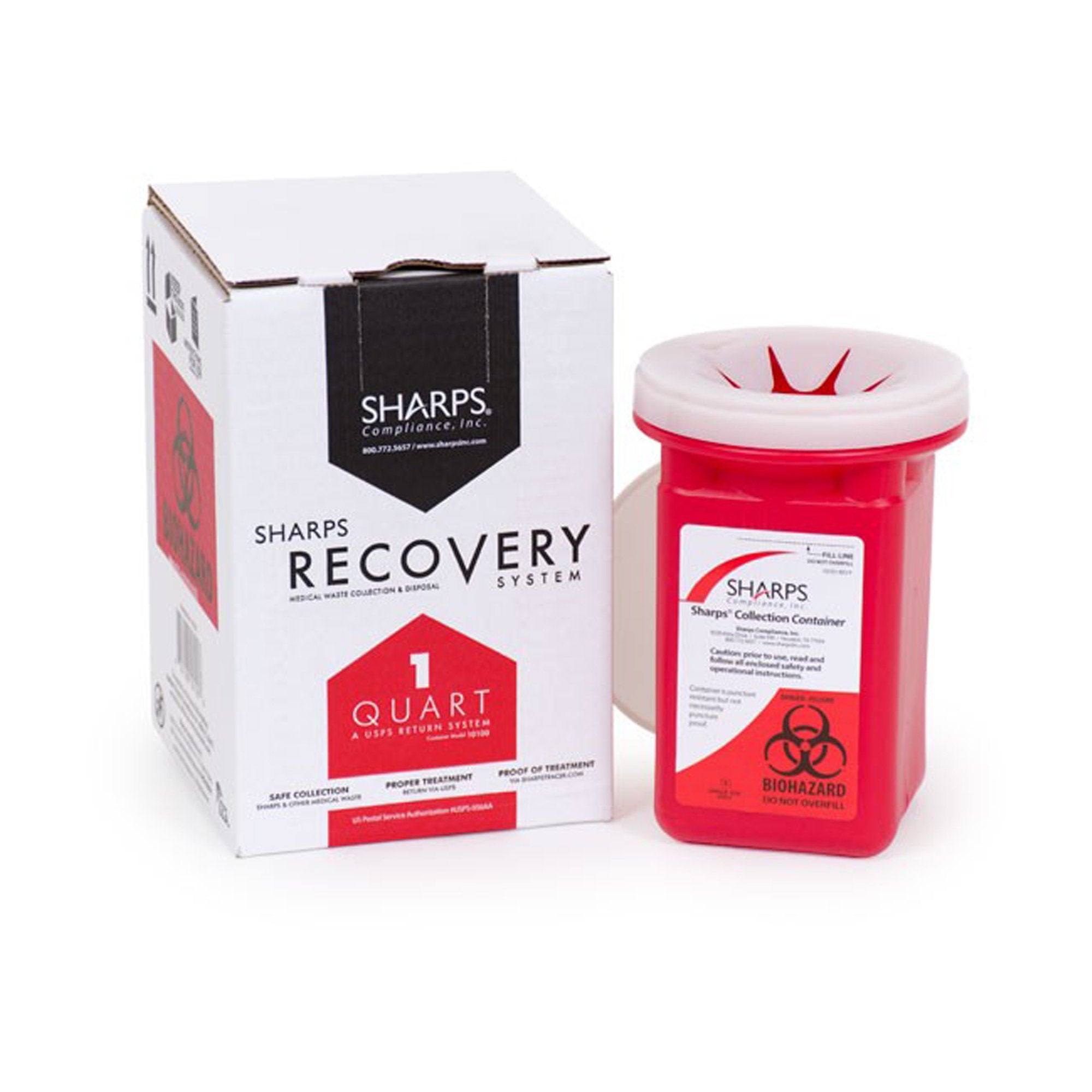 Sharps Recovery System Mailback Sharps Collector, 1 Quart, 4 x 4 x 7 Inch-Mailback Sharps Container Sharps Recovery System Red Base 4-1/2 L X 4-1/2 W X 7 H Inch Vertical Entry 0.25 Gallon