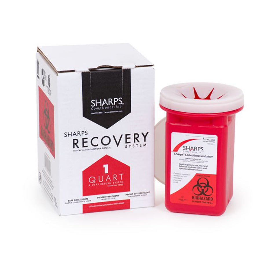Sharps Recovery System Mailback Sharps Collector, 1 Quart, 4 x 4 x 7 Inch-Mailback Sharps Container Sharps Recovery System Red Base 4-1/2 L X 4-1/2 W X 7 H Inch Vertical Entry 0.25 Gallon