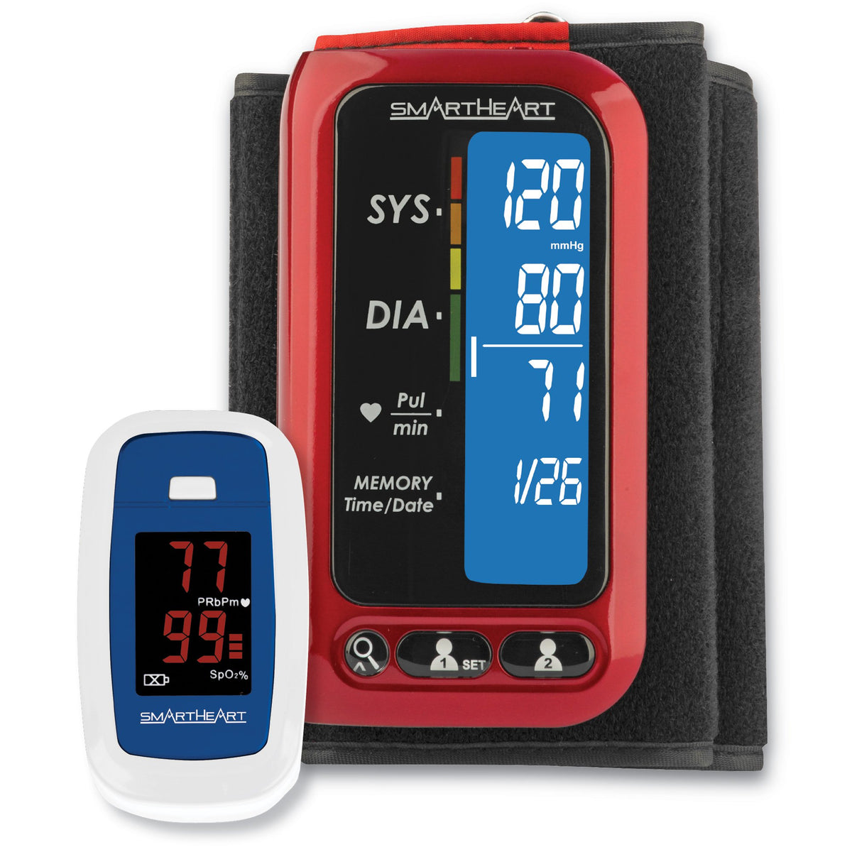 SmartHeart Heart Health Bundle 2-Piece, Blood Pressure Monitor, Pulse Oximeter-Digital Blood Pressure Monitor with Oximeter SmartHeart Adult Cuff 8.6 to 16.5 Inch Desk Model