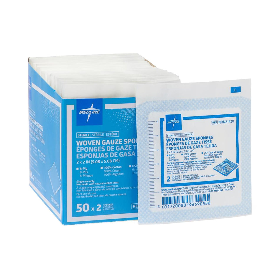 Medline Sterile USP Type VII Gauze Sponge, 2 x 2 Inch, 8-Ply-Gauze Sponge Medline 2 X 2 Inch 8-Ply Sterile 2 per Pack