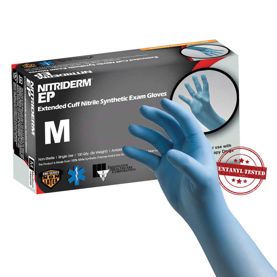 NitriDerm EP Nitrile Extended Cuff Length Exam Glove, Medium, Blue-Exam Glove NitriDerm EP Medium NonSterile Nitrile Extended Cuff Length Fully Textured Blue Chemo Tested / Fentanyl Tested