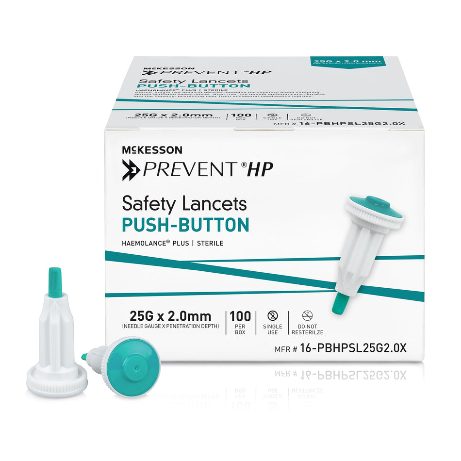 McKesson Prevent HP Push Button Safety Lancet, 25 Gauge, 2.0 mm-Safety Lancet McKesson Prevent HP 25 Gauge Retractable Push Button Activation Finger
