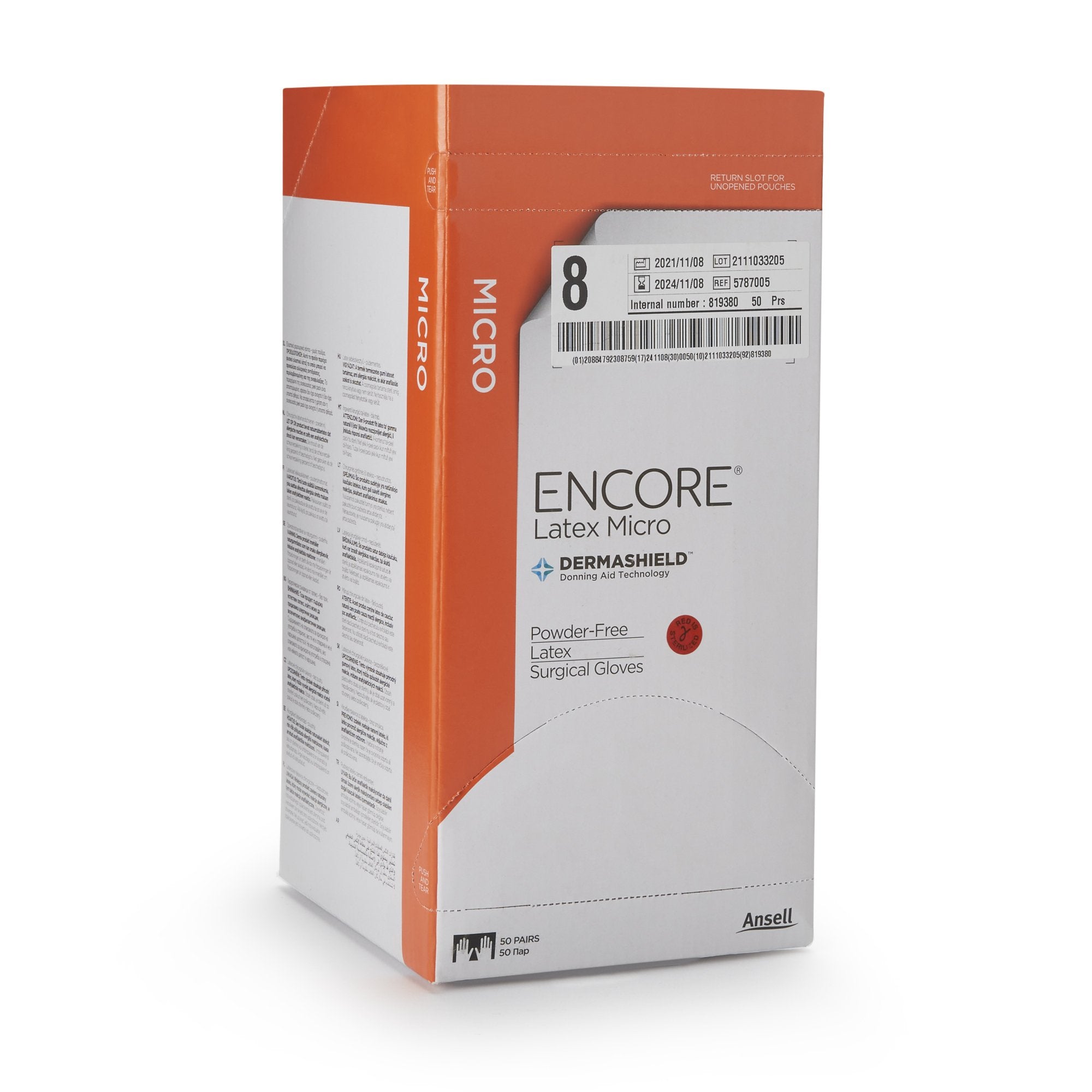 Encore Latex Micro Surgical Glove, Size 8, Brown-Surgical Glove ENCORE Latex Micro Size 8 Sterile Latex Standard Cuff Length Micro-Textured Brown Chemo Tested