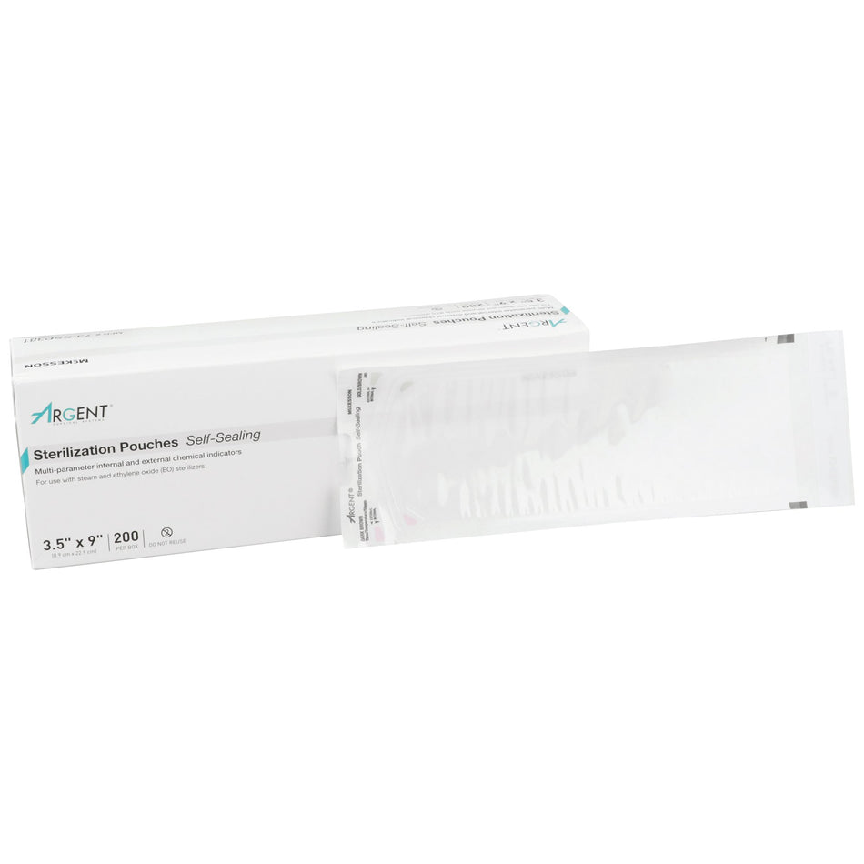 McKesson Argent Sure-Check Sterilization Pouch, 3 x 9 Inch-Sterilization Pouch McKesson Argent Sure-Check Ethylene Oxide (EO) Gas / Steam 3-1/2 X 9 Inch Transparent / Blue Self Seal Paper / Film