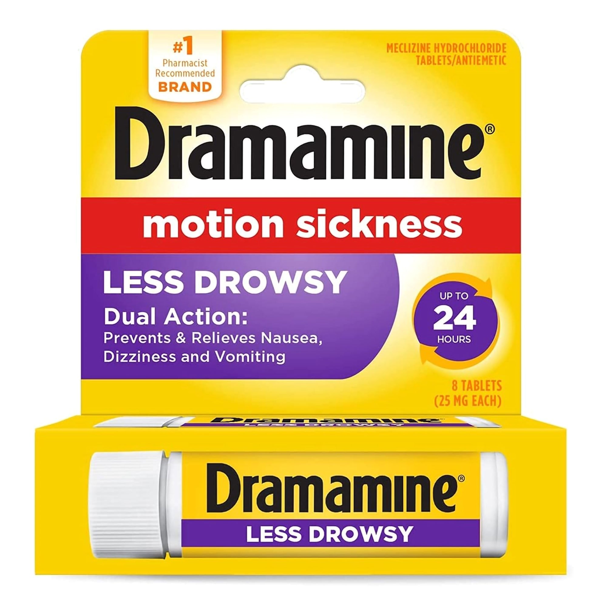 Dramamine Motion Sickness All Day Less Drowsy Relief Tablets-Nausea Relief Dramamine Motion Sickness All Day Less Drowsy 25 mg Strength Tablet 8 Per Box
