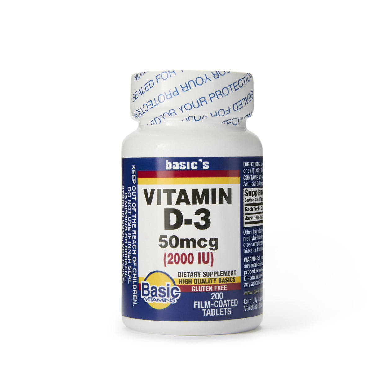 Basic's Vitamin D-3 Dietary Supplement-"Dietary Supplement Basic's Vitamin D3 2,000 IU Strength Tablet 200 per Bottle"