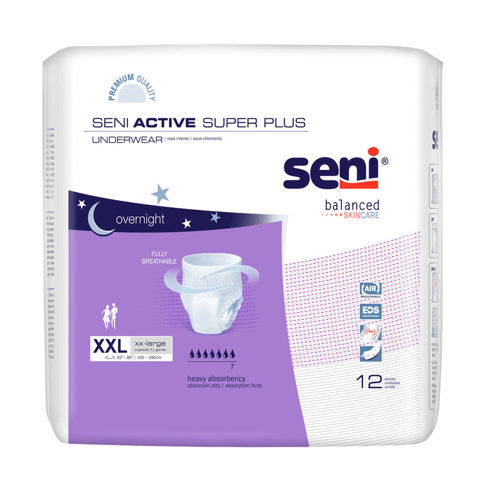 Seni Active Super Plus Overnight Heavy Absorbent Underwear, 2X-Large-Unisex Adult Absorbent Underwear Seni Active Super Plus Pull On with Tear Away Seams 2X-Large Disposable Heavy Absorbency