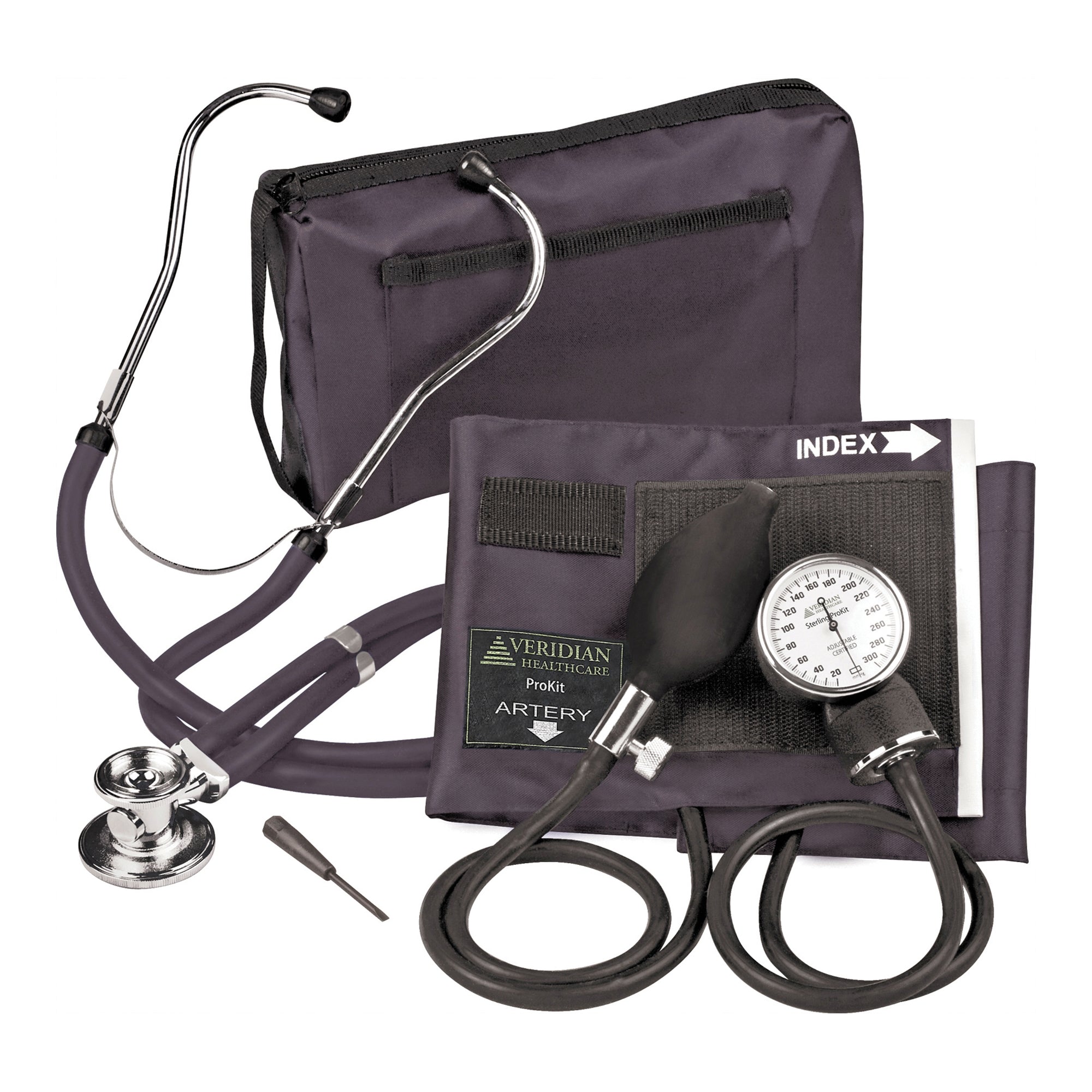 Sterling Series ProKit Aneroid Sphygmomanometer with Stethoscope, Black-Reusable Aneroid / Stethoscope Set Veridian 27.9 to 41.6 cm Adult Cuff Dual Head General Exam Stethoscope