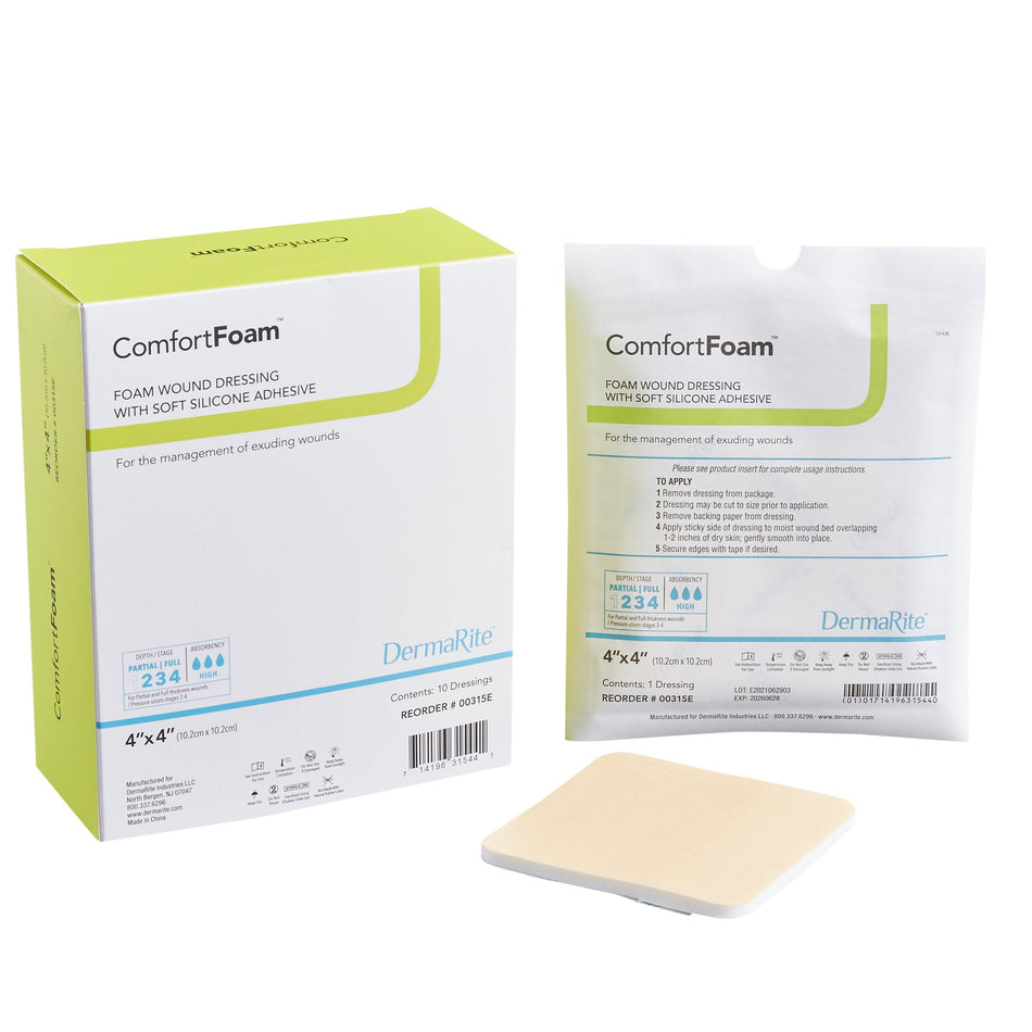 ComfortFoam� Silicone Adhesive without Border Silicone Foam Dressing, 4 x 4 Inch-Foam Dressing ComfortFoam� 4 X 4 Inch Without Border Film Backing Silicone Face Square Sterile