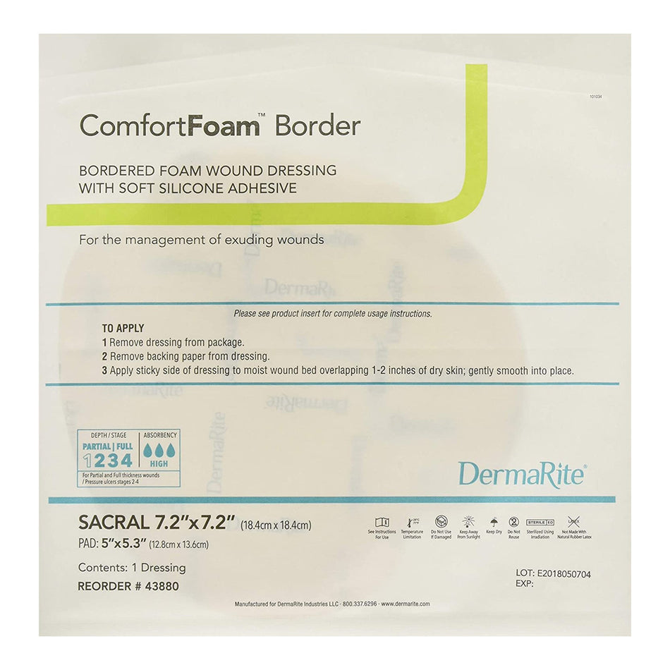 ComfortFoam� Border Silicone Adhesive with Border Silicone Foam Dressing, 7-1/5 x 7-1/5 Inch Sacral-Foam Dressing ComfortFoam� Border 7-1/5 X 7-1/5 Inch With Border Waterproof Backing Silicone Adhesive Sacral Sterile
