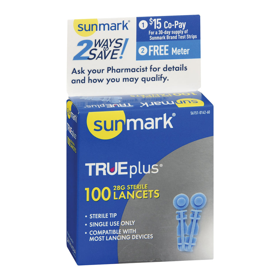 sunmark TRUEplus Lancet-Lancet for Lancing Device Sunmark 28 Gauge Non-Safety Twist Off Cap Multiple Sites