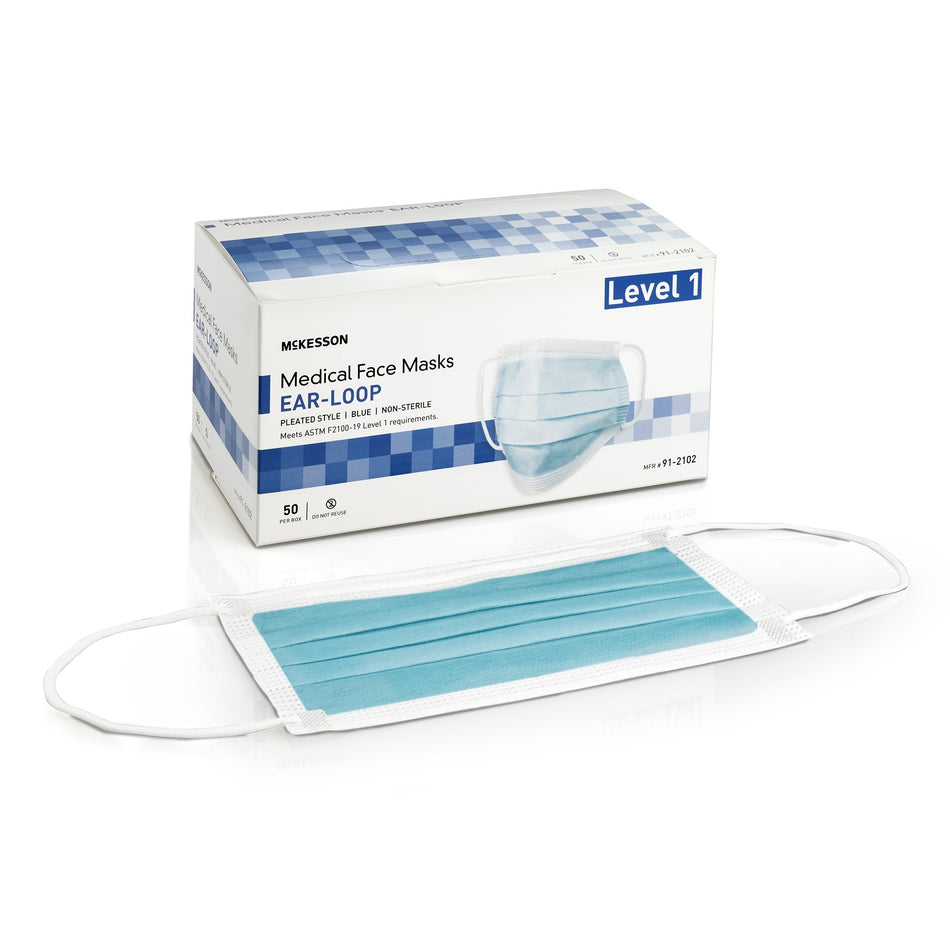McKesson ASTM Level 1 Medical Face Masks, Blue-Procedure Mask McKesson ASTM Level 1 Earloops One Size Fits Most