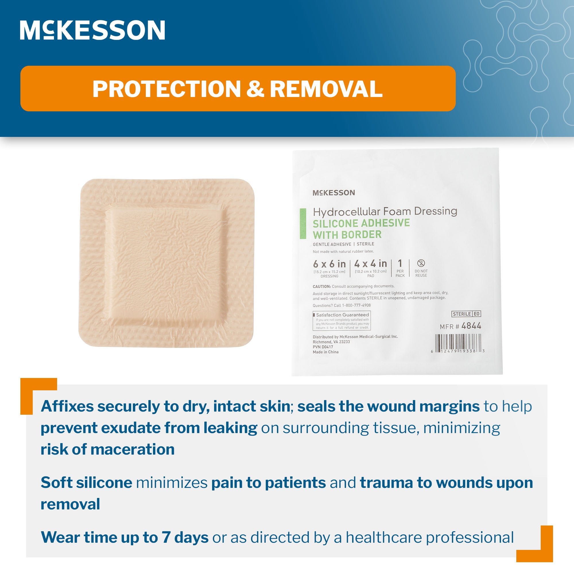 McKesson Silicone Adhesive with Border Silicone Foam Dressing, 6 x 6 Inch-Foam Dressing McKesson 6 X 6 Inch With Border Film Backing Silicone Gel Adhesive Square Sterile
