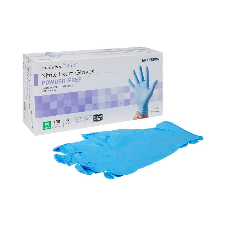 McKesson Confiderm 4.5C Nitrile Exam Glove, Medium, Blue-Exam Glove McKesson Confiderm 4.5C Medium NonSterile Nitrile Standard Cuff Length Textured Fingertips Blue Chemo Tested