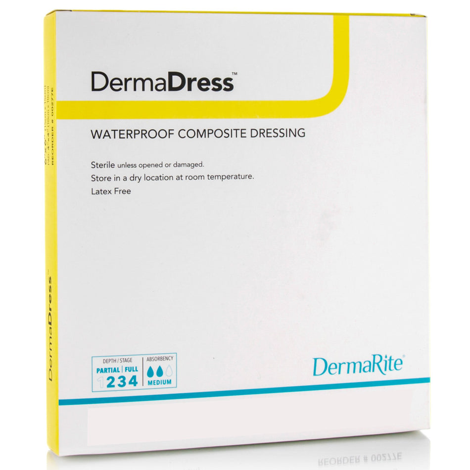 DermaDress� Composite Dressing, 4 x 4 Inch-Composite Dressing DermaDress� 4 X 4 Inch Square Sterile Waterproof Film Backing