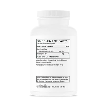 Thorne Red Yeast Rice + CoQ10 Dietary Supplement-Dietary Supplement THORNE Red Yeast Rice + CoQ10 Red Yeast Rice (Monascus purpureus) / Coenzyme Q10 600 mg - 15 mg Strength Capsule 120 per Bottle