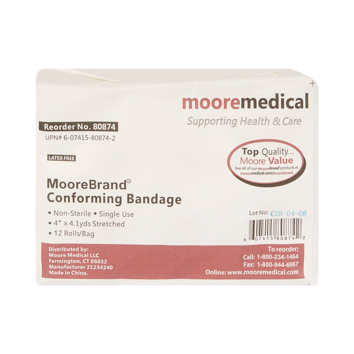 MooreBrand. Conforming Bandage, 4 Inch x 4-1/10 Yard-Conforming Bandage McKesson 4 Inch X 4-1/10 Yard NonSterile 12 per Pack