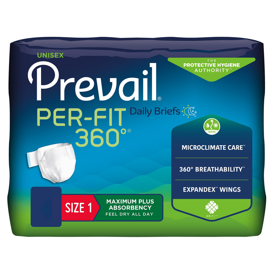 Prevail Per-Fit 360 Daily Briefs, Maximum Plus, Size 1-Unisex Adult Incontinence Brief Prevail Per-Fit 360 Size 1 / Medium Disposable Heavy Absorbency