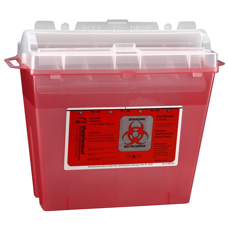 Bemis Sentinel Multi-purpose Sharps Container, 1-1/4 Gallon, 10 x 5-1/4 x 11 Inch-Sharps Container Bemis Sentinel Translucent Red Base 10 H X 5-1/4 W X 11 D Inch Horizontal Entry 1.25 Gallon
