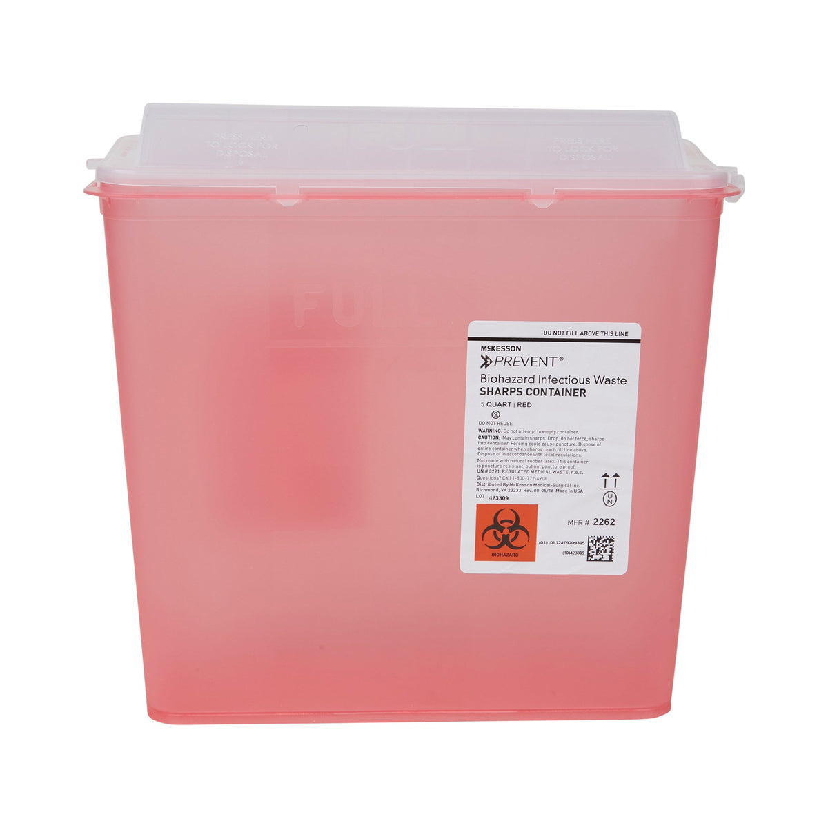 McKesson Prevent Red Sharps Container, 1-1/4 Gallon, 10-3/4 x 10-1/2 x 4-3/4 Inch-Sharps Container McKesson Prevent Translucent Red Base 10-3/4 H X 10-1/2 W X 4-3/4 D Inch Horizontal Entry 1.25 Gallon