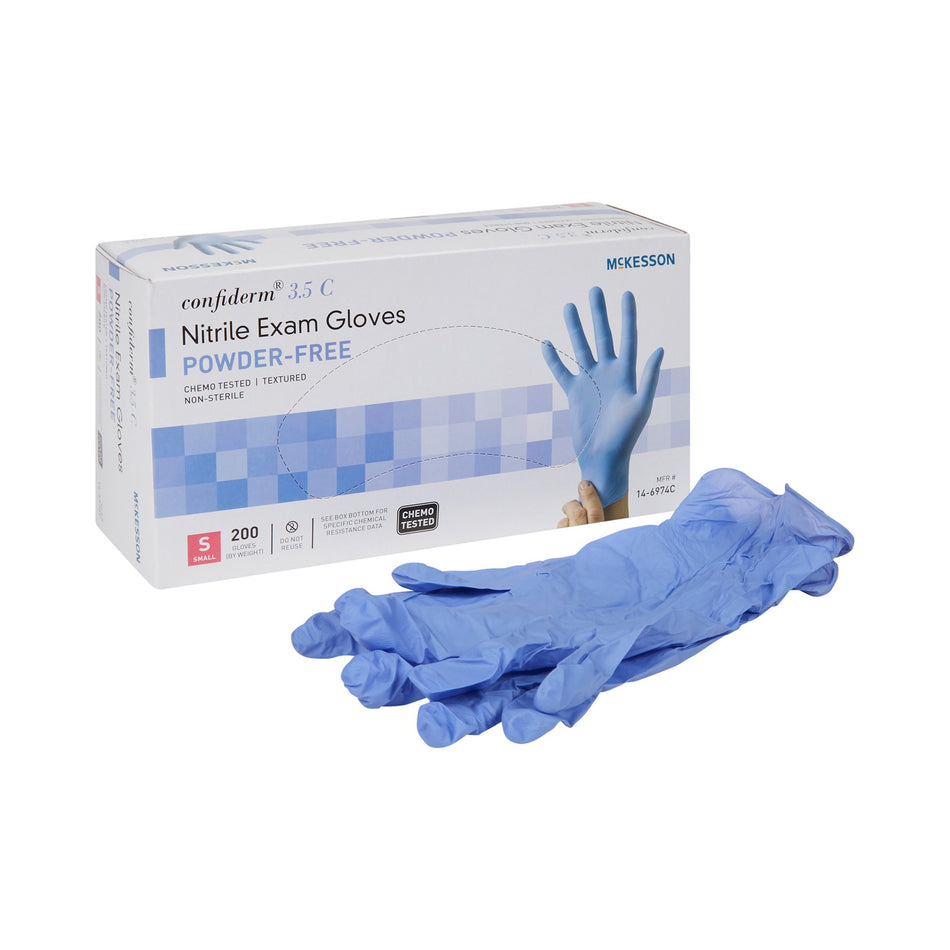 McKesson Confiderm 3.5C Nitrile Exam Glove, Small, Blue-Exam Glove McKesson Confiderm 3.5C Small NonSterile Nitrile Standard Cuff Length Textured Fingertips Blue Chemo Tested