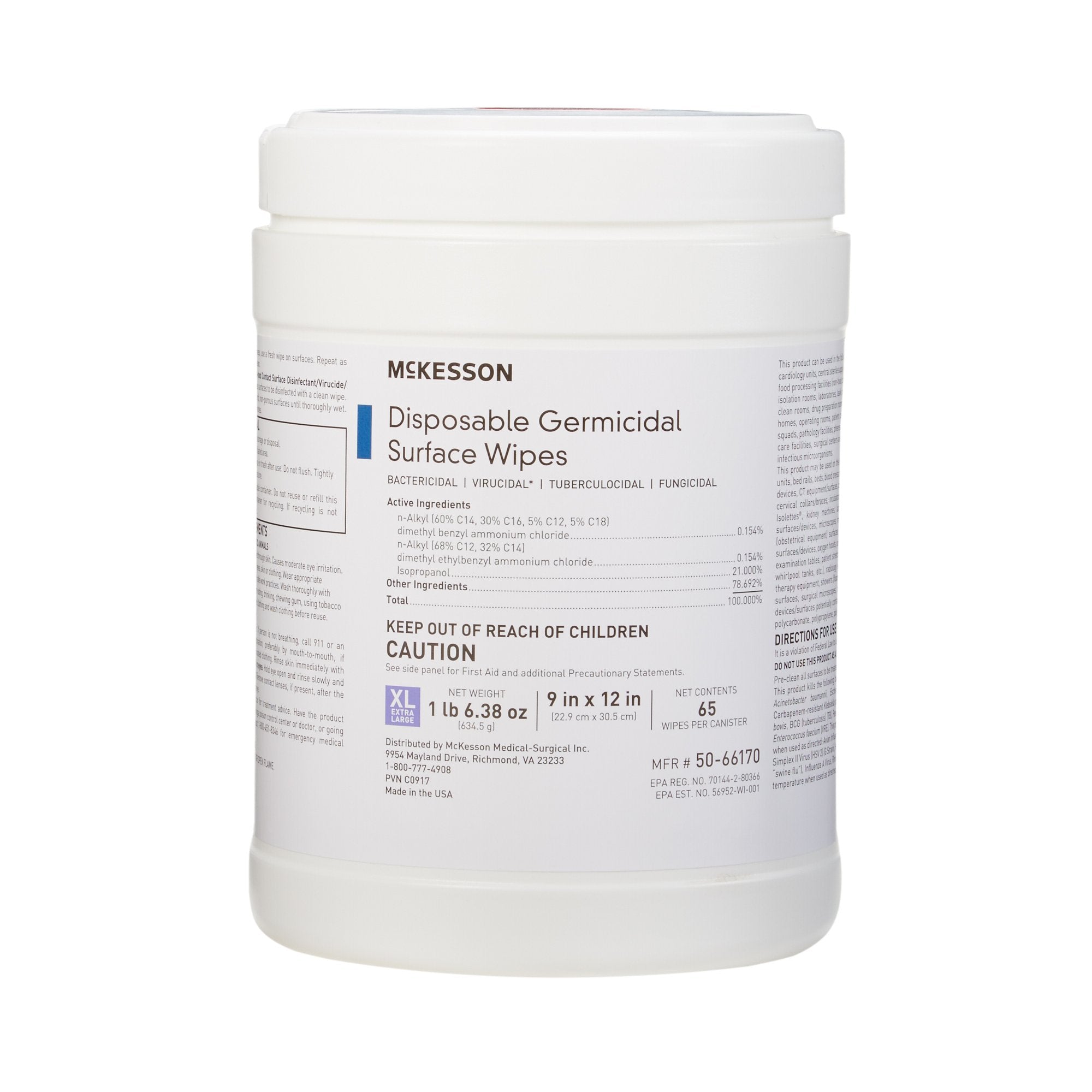 McKesson Germicidal Extra Large Surface Disinfectant Wipes, Canister, 65 ct.-McKesson Surface Disinfectant Premoistened Manual Pull Wipe 65 Count Canister Alcohol Scent NonSterile