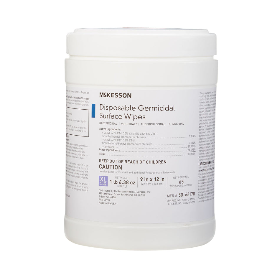 McKesson Germicidal Extra Large Surface Disinfectant Wipes, Canister, 65 ct.-McKesson Surface Disinfectant Premoistened Manual Pull Wipe 65 Count Canister Alcohol Scent NonSterile