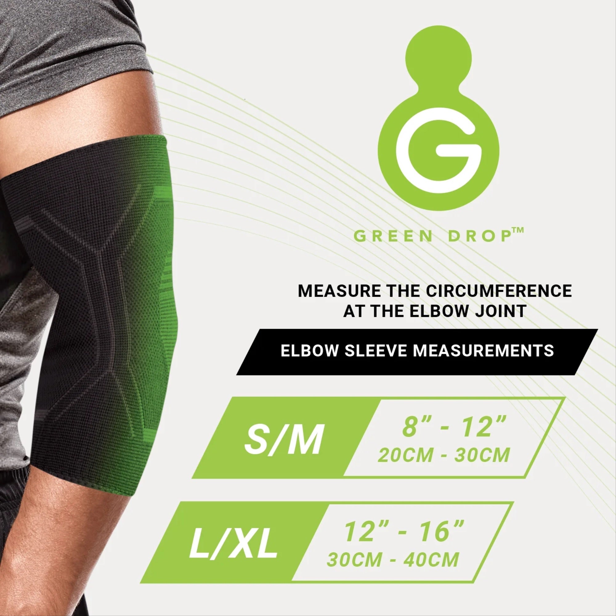 Green Drop Infused Compression Sleeve Elbow Support, Small/Medium-Elbow Support Green Drop Small / Medium Pull-On Sleeve Left or Right Elbow 8 to 12 Inch Elbow Circumference Black