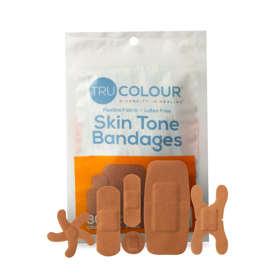 TruColour� Brown Adhesive Strips, Assorted Shapes and Sizes-Waterproof Adhesive Strip Tru-Colour� Assorted Sizes Fabric Rectangle / Spot / Patch / Fingertip / Knuckle Brown Sterile
