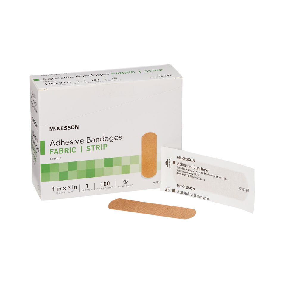 McKesson Tan Adhesive Strip, 1 x 3 Inch-Adhesive Strip McKesson 1 X 3 Inch Fabric Rectangle Tan Sterile