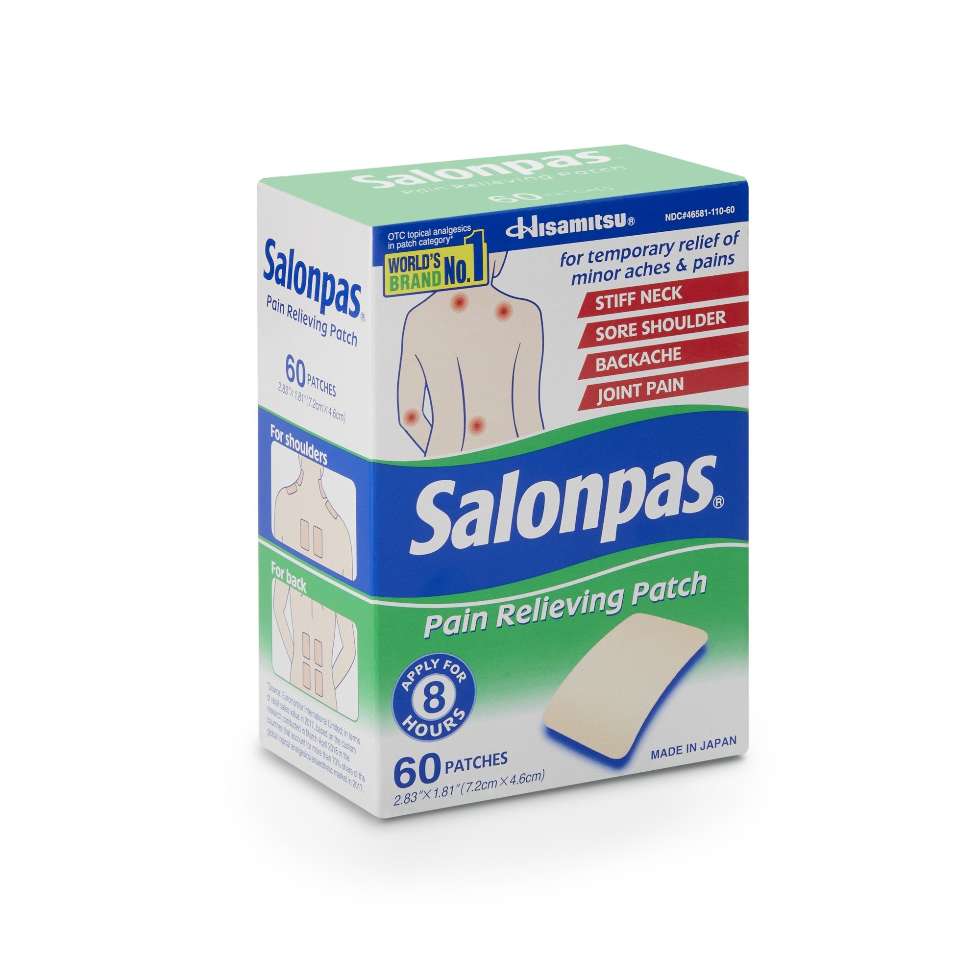 Salonpas Camphor / Menthol / Methyl Salicylate Topical Pain Relief-Topical Pain Relief Salonpas 3.1% - 6% - 10% Strength Camphor / Menthol / Methyl Salicylate Patch 60 per Box
