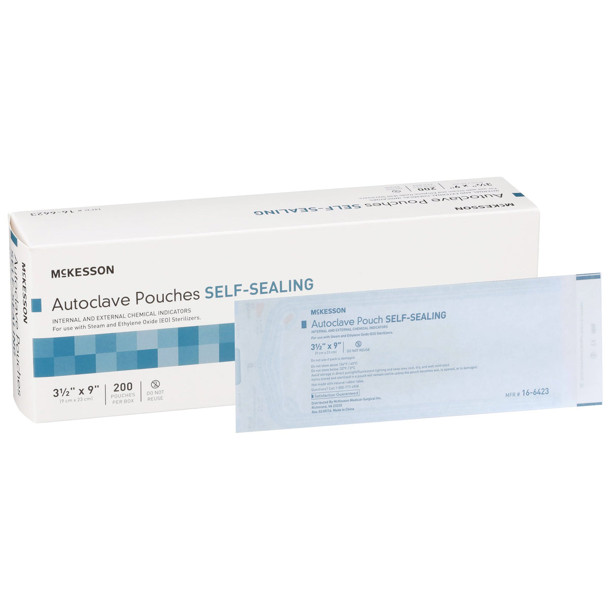 McKesson Sterilization Pouch, 3 x 9 Inch-Sterilization Pouch McKesson Ethylene Oxide (EO) Gas / Steam 3-1/2 X 9 Inch Transparent Blue / White Self Seal Paper / Film