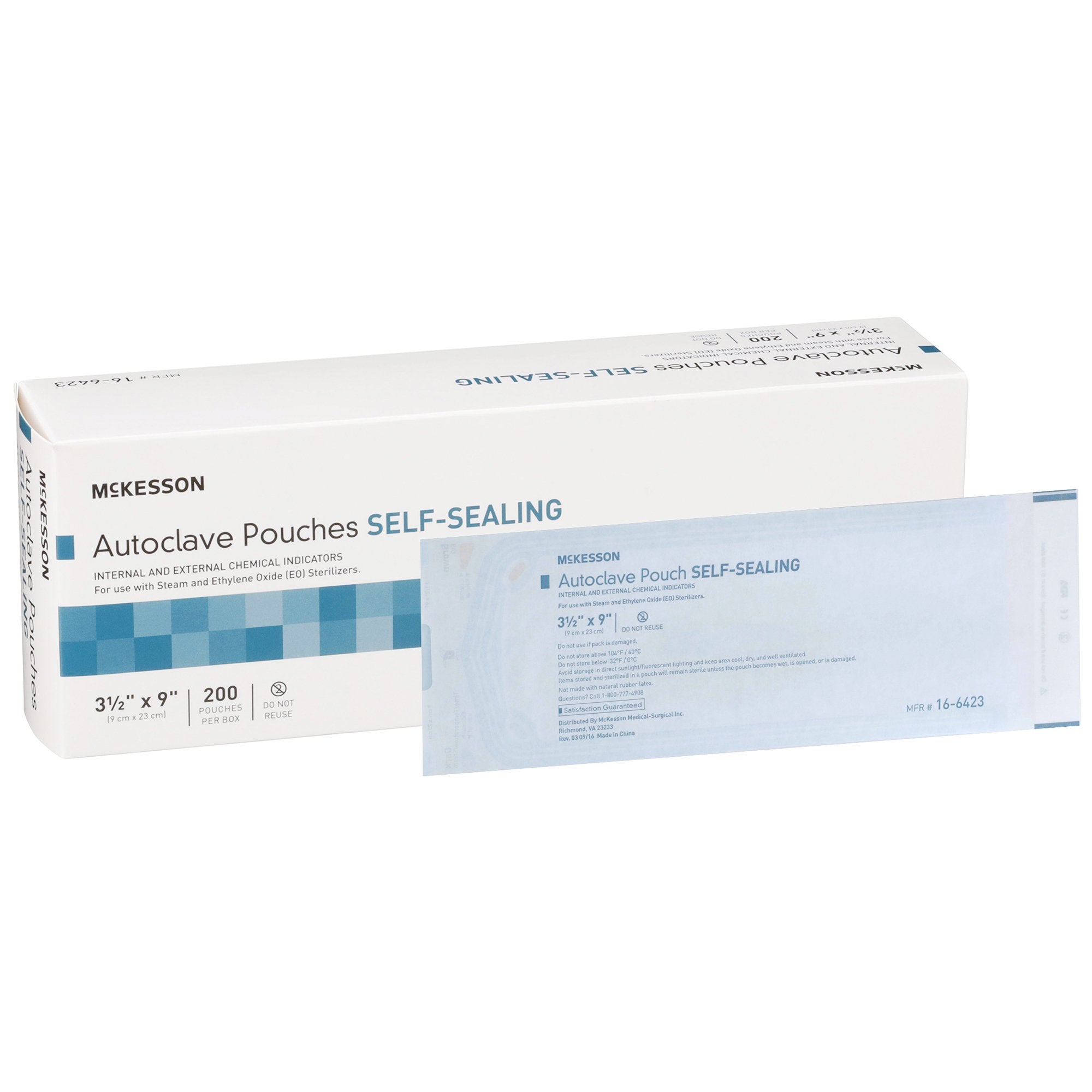 McKesson Sterilization Pouch, 3 x 9 Inch-Sterilization Pouch McKesson Ethylene Oxide (EO) Gas / Steam 3-1/2 X 9 Inch Transparent Blue / White Self Seal Paper / Film